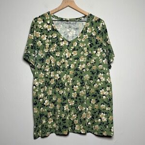 Woman Within Floral T-Shirt 18/20 Green Floral V-Neck Cotton Basics